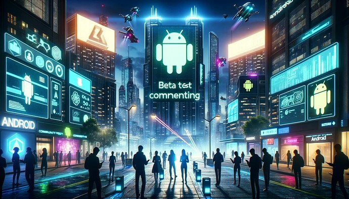 DALL·E 2023-11-10 11.42.09 - Create a dynamic, futuristic scene for a beta test of a community commenting feature, subtly incorporating the Android system logo, in a 16_9 aspect r