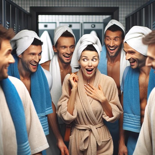 DALL·E 2023-12-12 11.14.35 - A scene in a men's locker room with men modestly dressed in towels or casual sportswear, showing expressions of surprise and delight. A woman, modestl