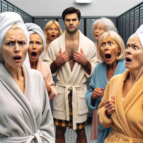 DALL·E 2023-12-12 11.12.57 - A scene in a women's locker room with Caucasian women modestly dressed in towels, showing more dramatic expressions of shock, anger, and annoyance. A